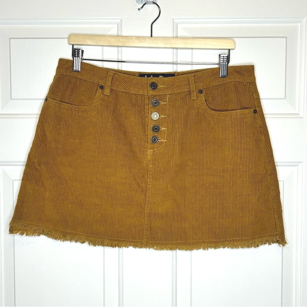 Indigo Rein Corduroy Mini Skirt Frayed Hem Button Front Brown Size‎ 13/30
